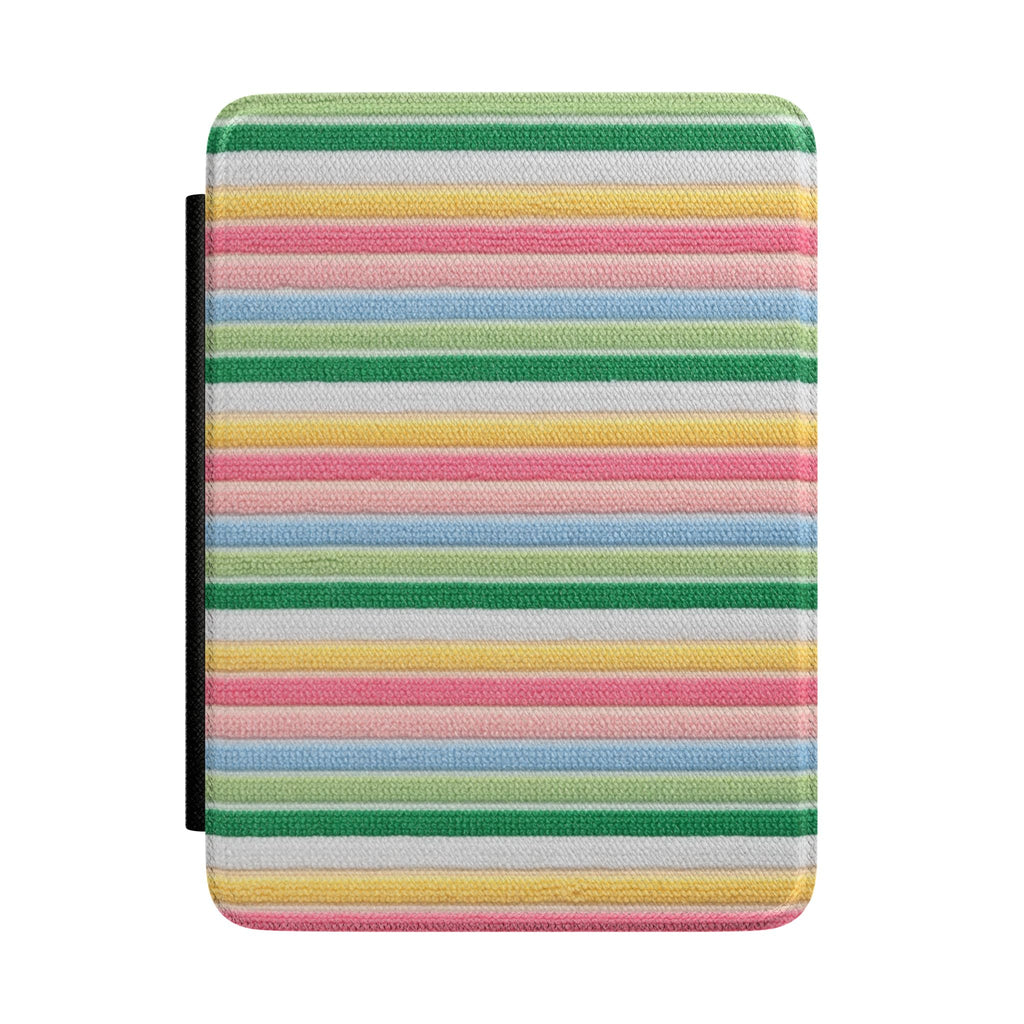 Striped hardcover Kindle case with green, pink, yellow, and blue horizontal stripes