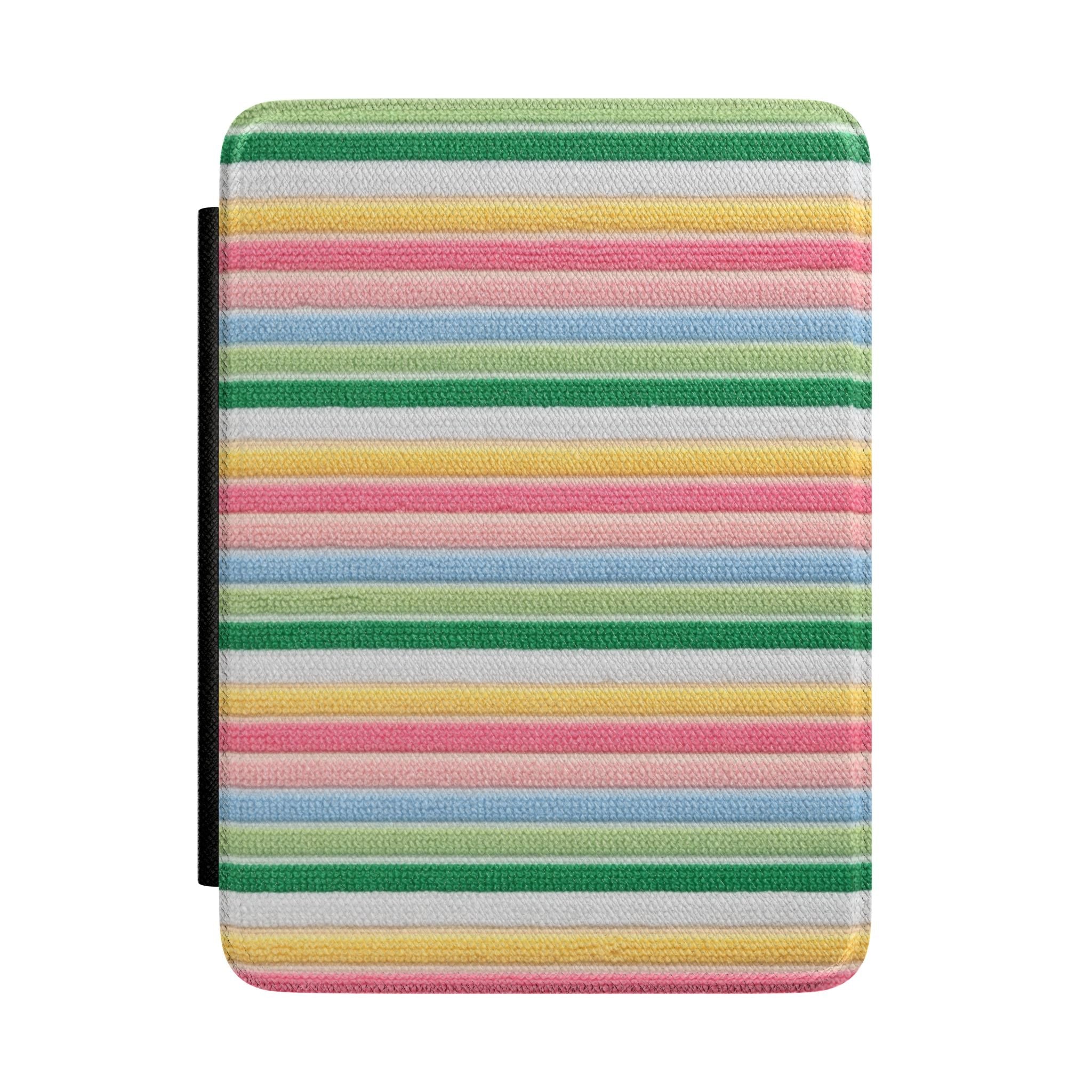 Striped hardcover Kindle case with green, pink, yellow, and blue horizontal stripes