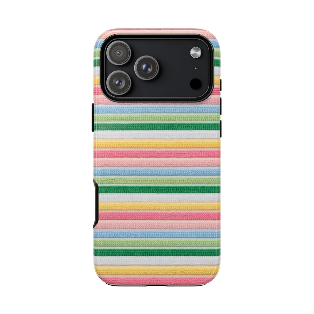 Pastel horizontal striped phone case, with camera lenses and flash openings