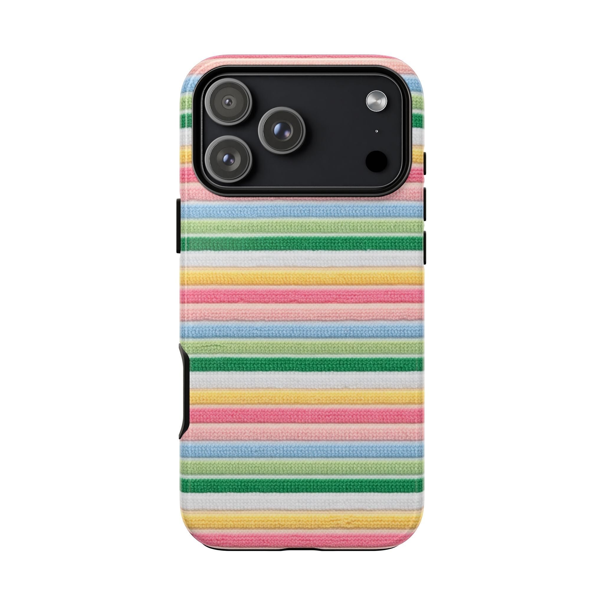 Pastel horizontal striped phone case, with camera lenses and flash openings