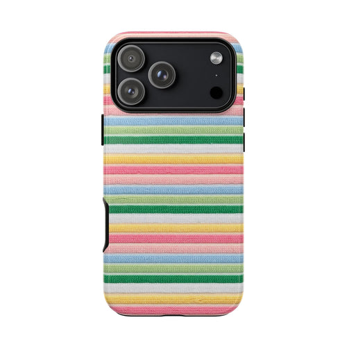 Pastel horizontal striped phone case, with camera lenses and flash openings