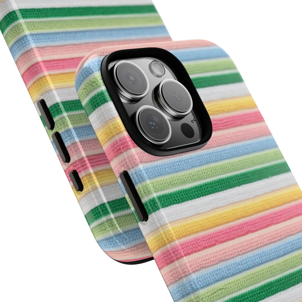 Diagonal angle of multicolor striped phone case with camera module and side cutouts