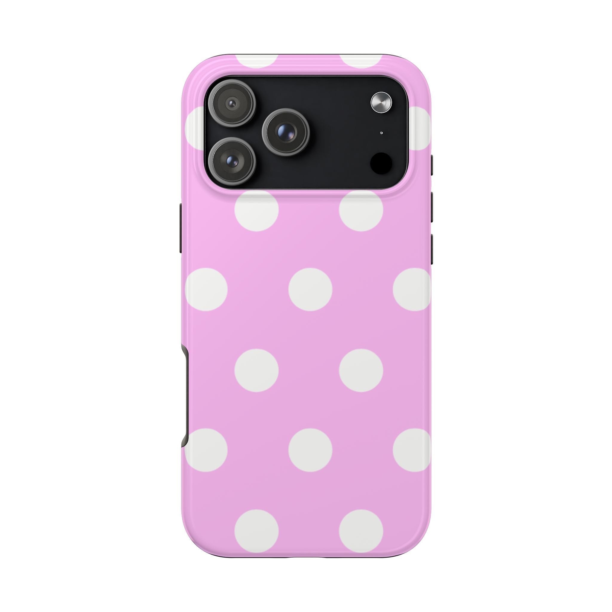 Pink phone case with white polka dots