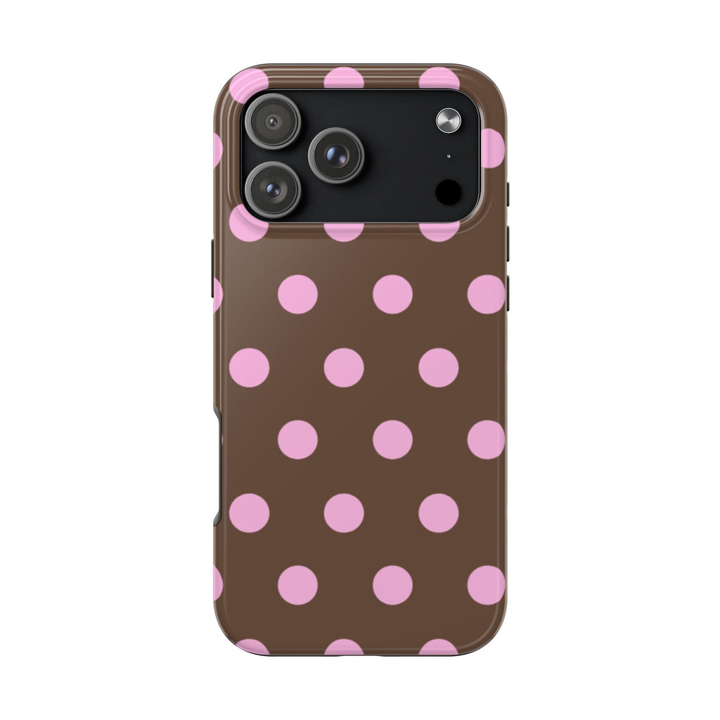 Posie polka dot phone case with pink dots on a dark brown background