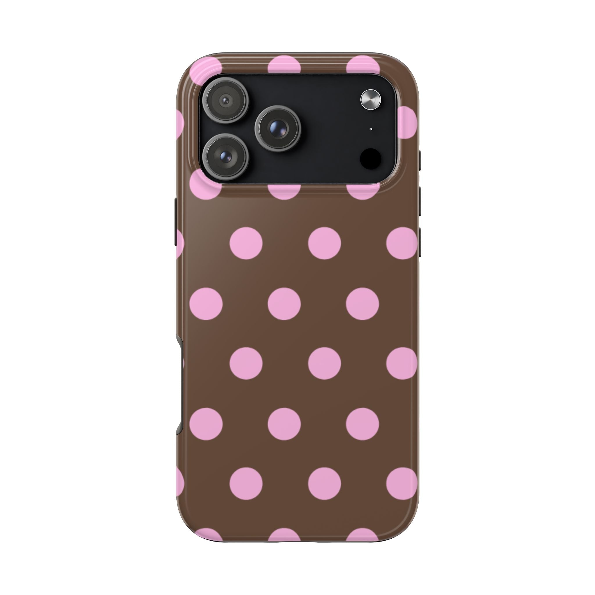 Posie polka dot phone case with pink dots on a dark brown background