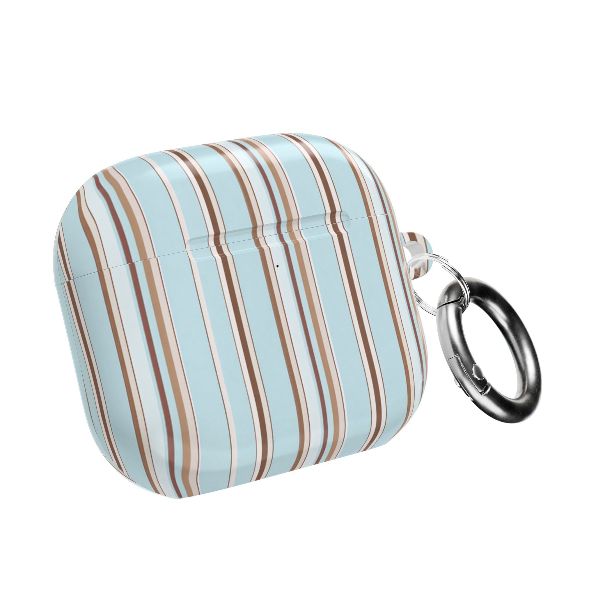 AirPods case in powder blue with vertical espresso stripe pattern and metal key ring