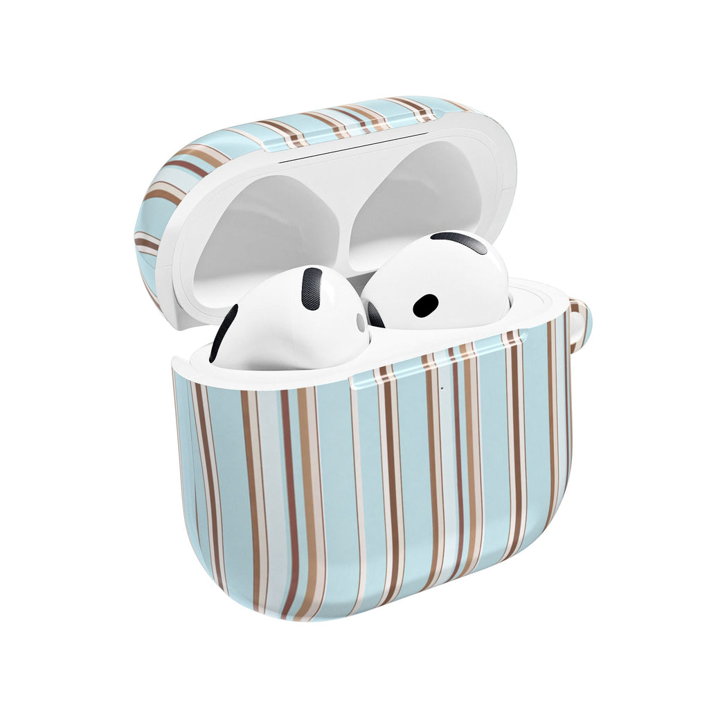 Powder blue AirPods case with espresso stripes; earbuds in the open lid