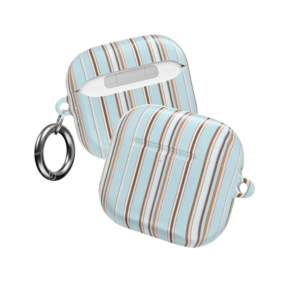 Powder blue AirPods case with espresso stripes, front view, with key ring and strap loop