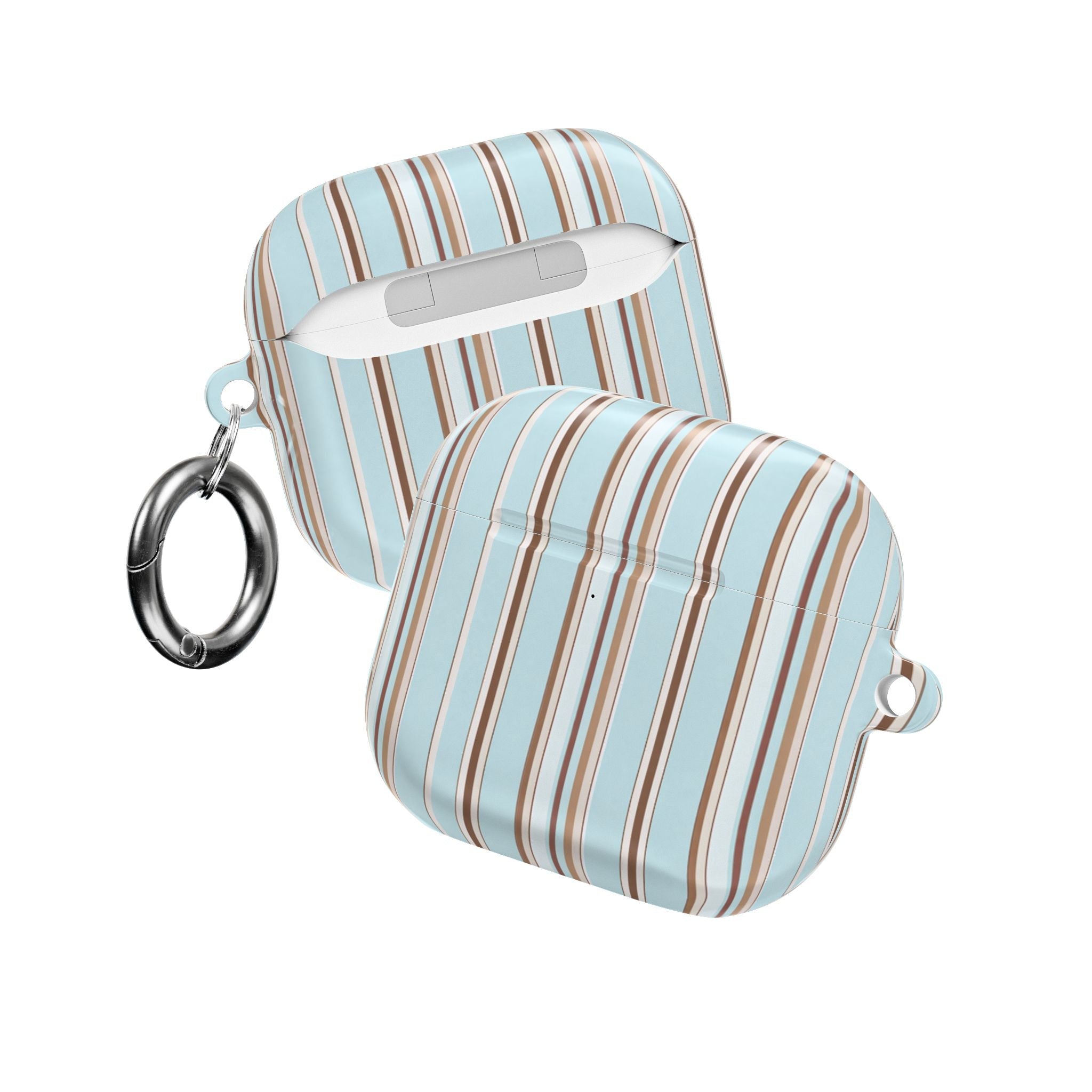 Powder blue AirPods case with espresso stripes, front view, with key ring and strap loop
