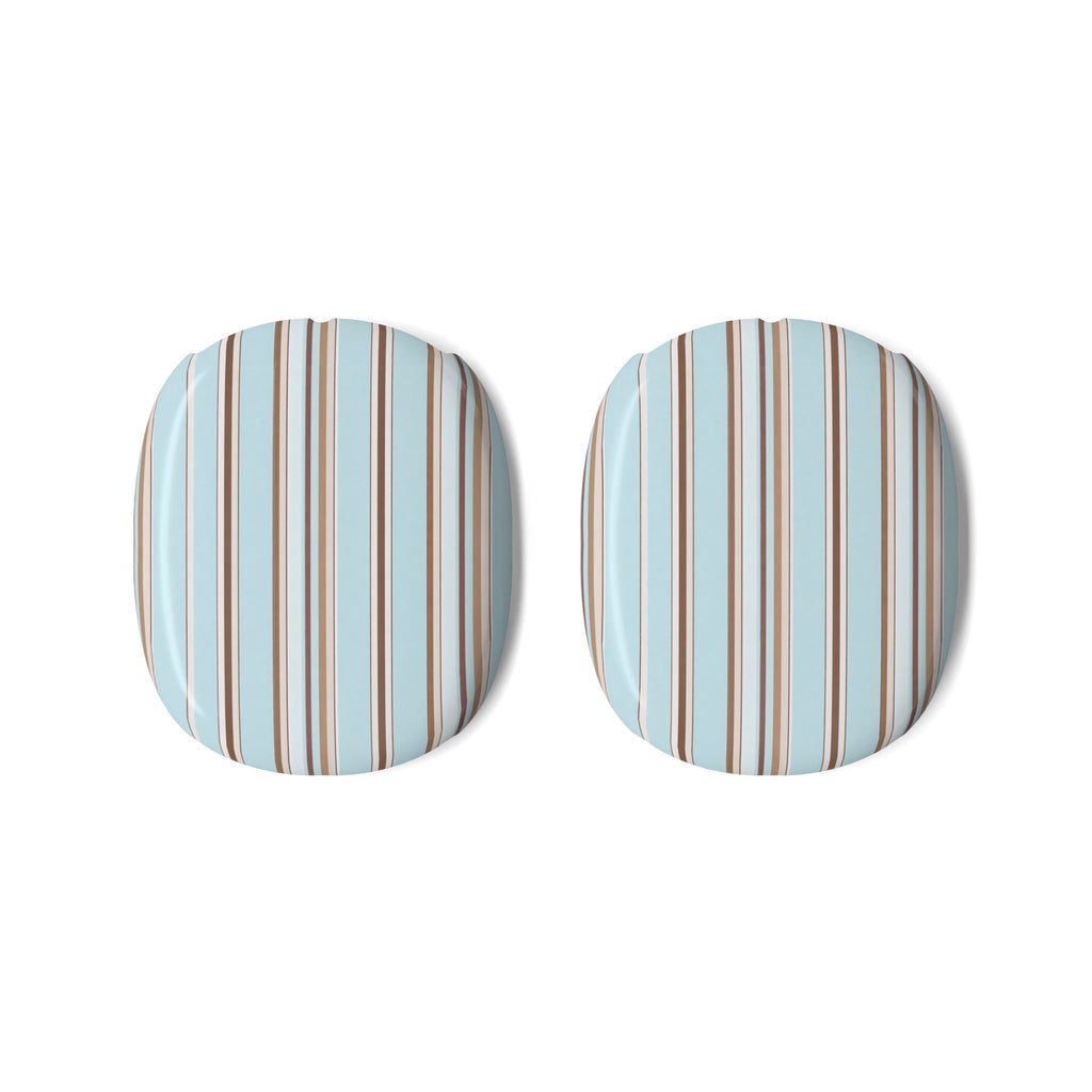Pair of AirPods Max ear cushion covers with light blue, tan, and brown stripes
