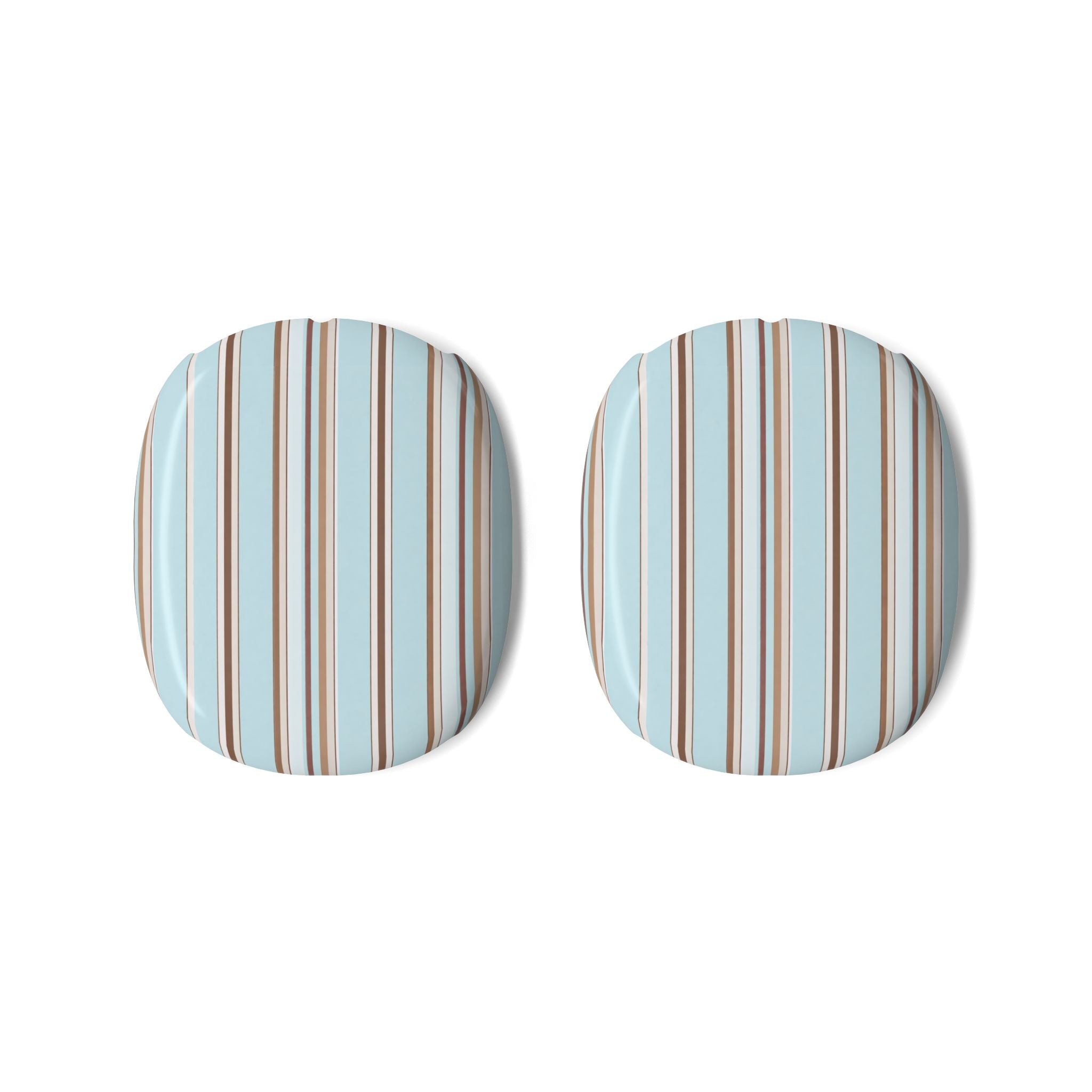 Pair of AirPods Max ear cushion covers with light blue, tan, and brown stripes