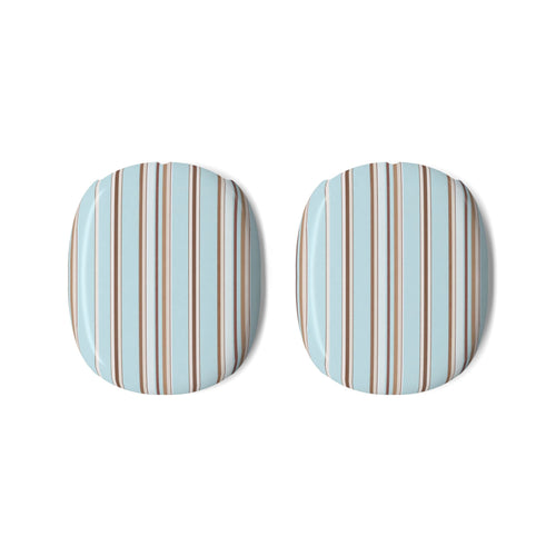 Pair of AirPods Max ear cushion covers with light blue, tan, and brown stripes