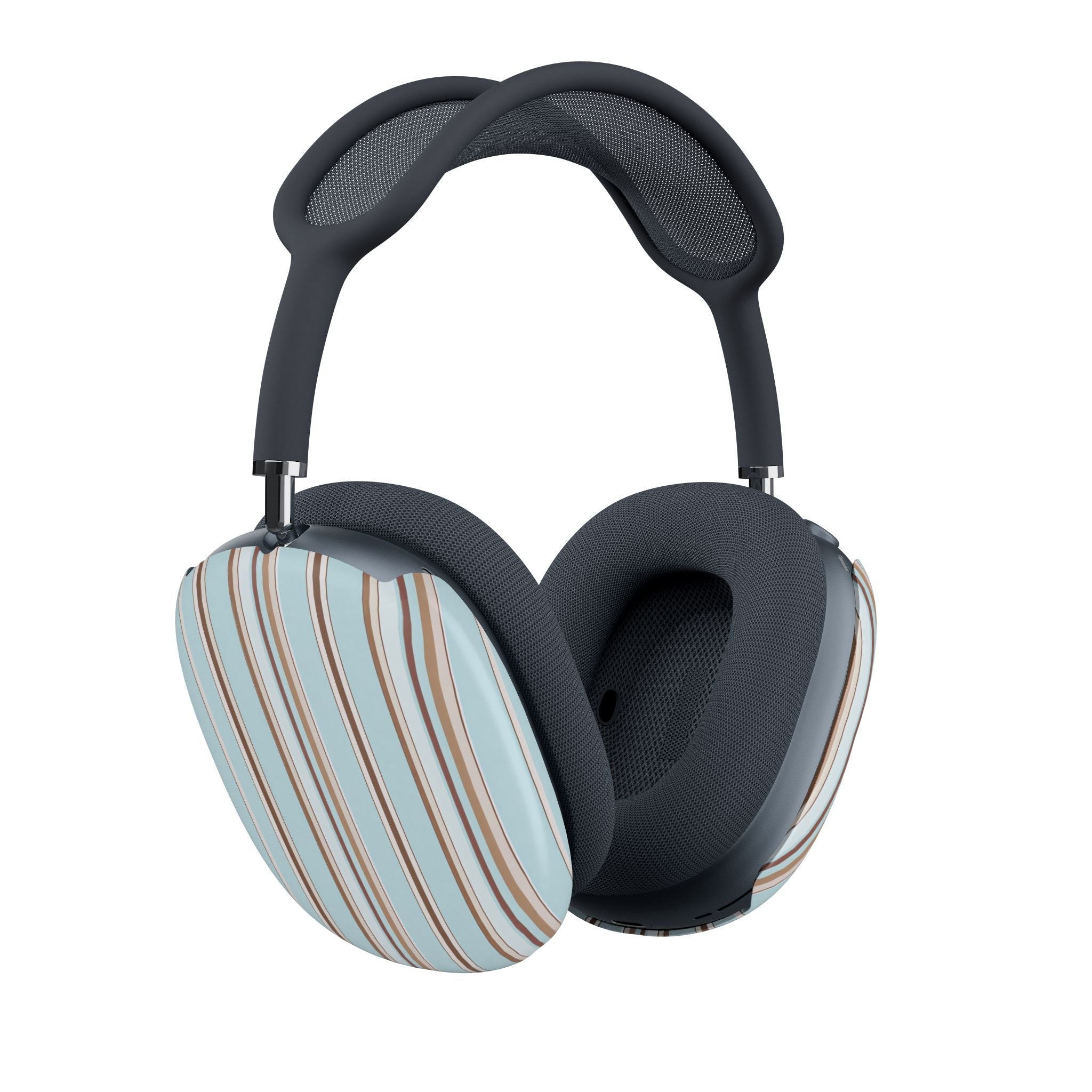 AirPods Max ear covers: black mesh front with powder blue striped side panels