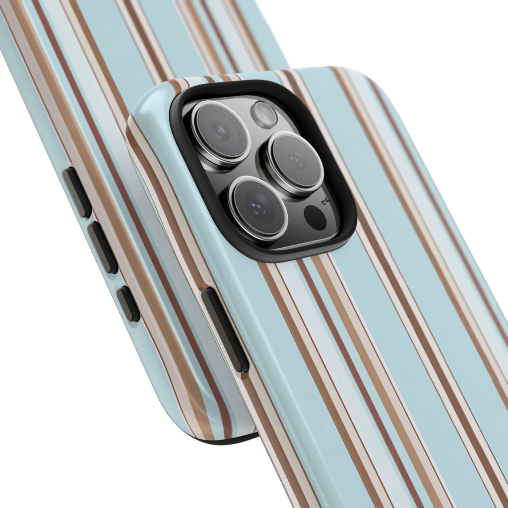 Powder blue striped phone case angled view with camera bump and side cutouts