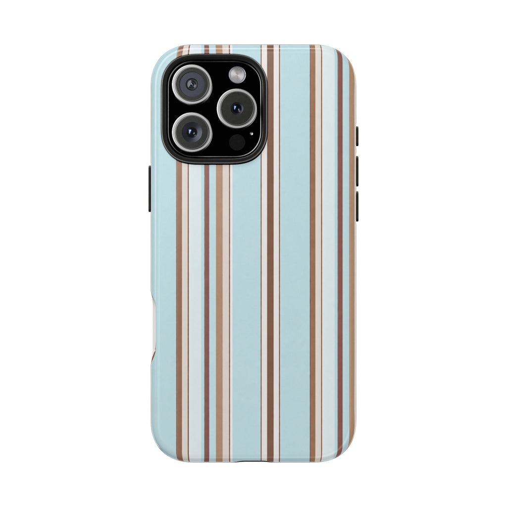 Powder blue phone case, back view, espresso-brown and cream vertical stripes