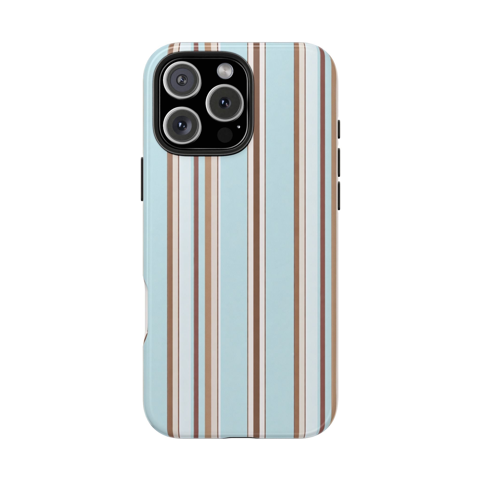 Powder blue phone case, back view, espresso-brown and cream vertical stripes