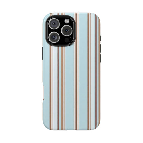 Powder blue phone case, back view, espresso-brown and cream vertical stripes