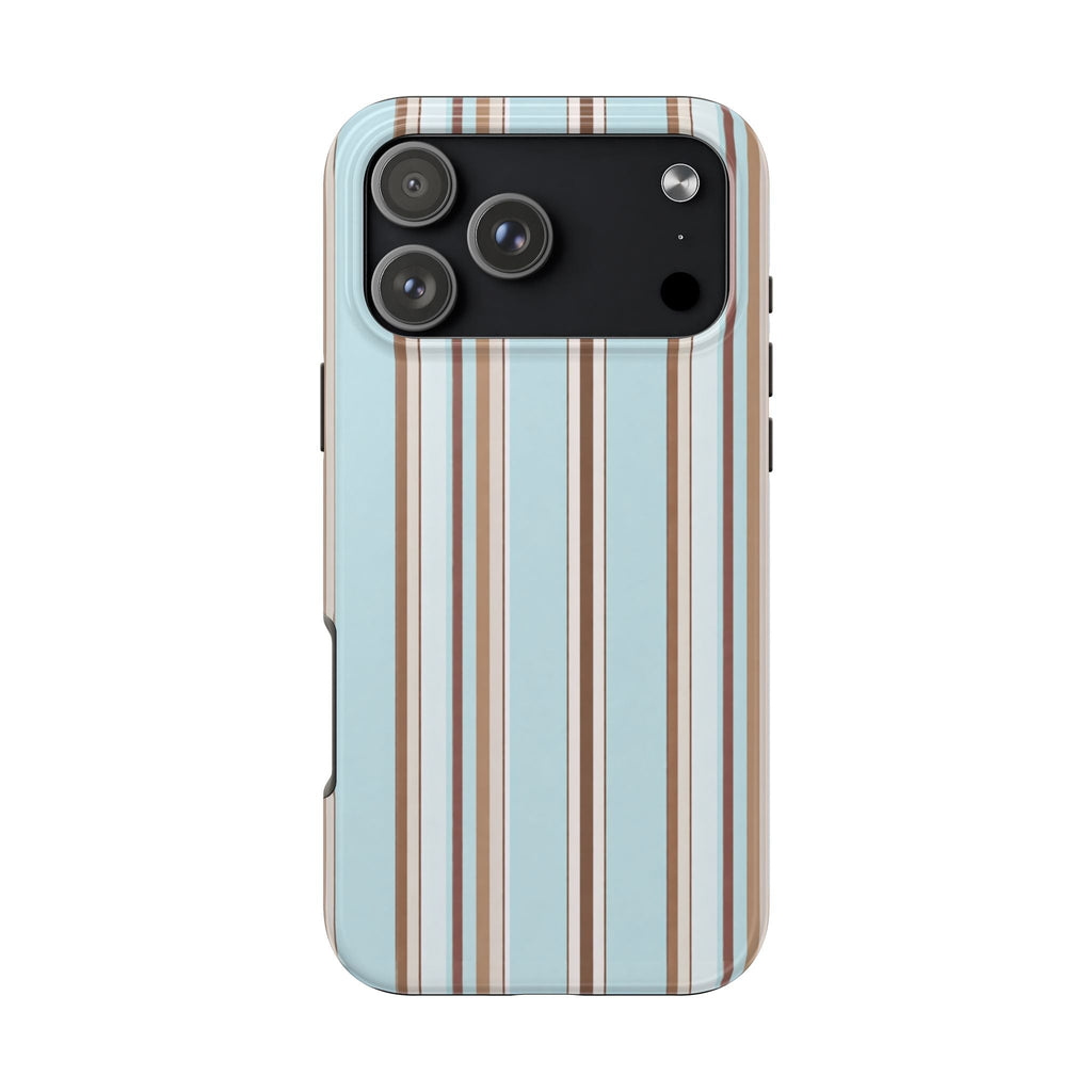 Powder blue phone case with espresso-brown and cream vertical stripe pattern
