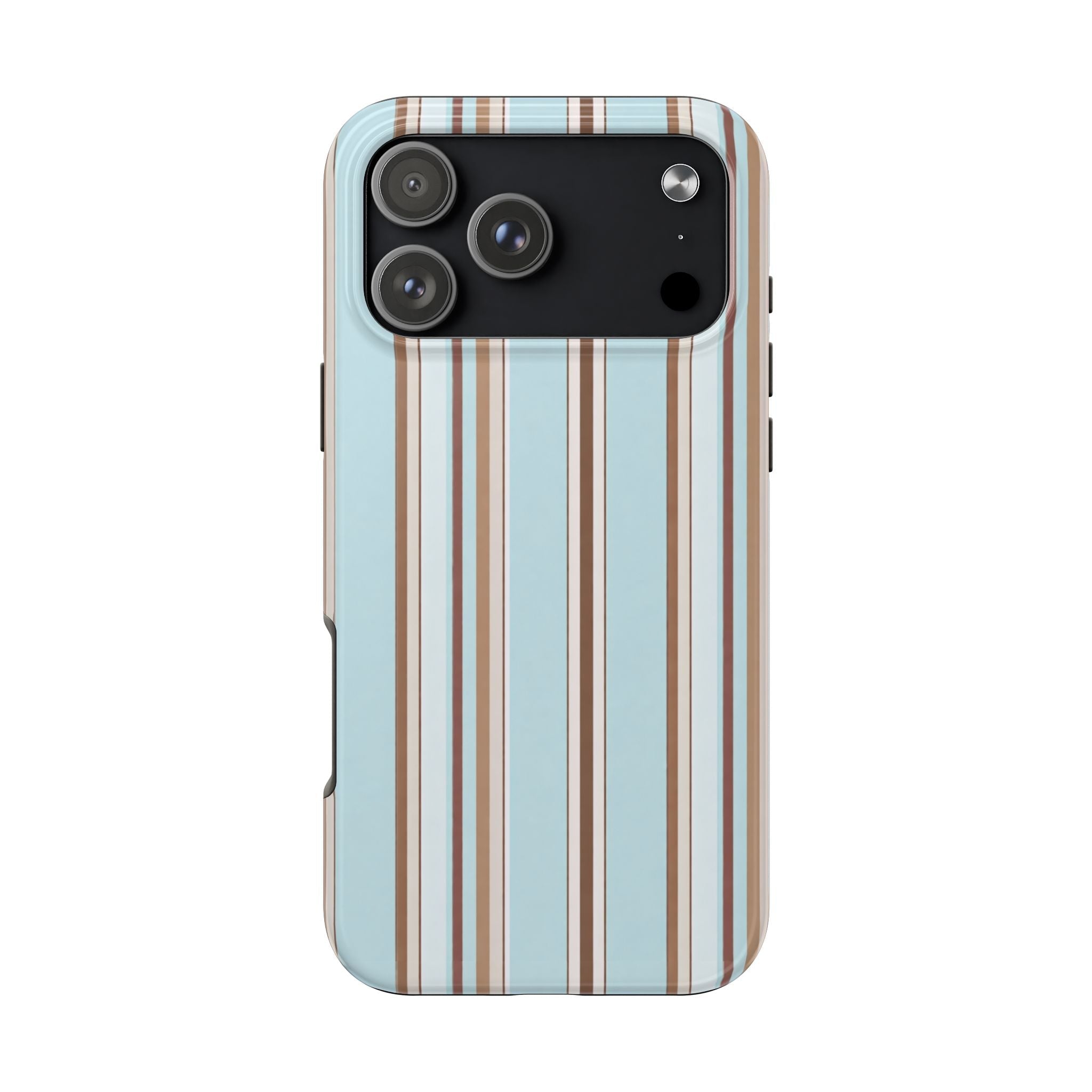 Powder blue phone case with espresso-brown and cream vertical stripe pattern