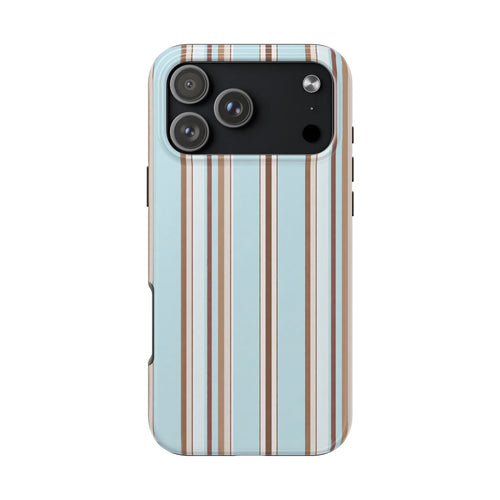 Powder blue phone case with espresso-brown and cream vertical stripe pattern