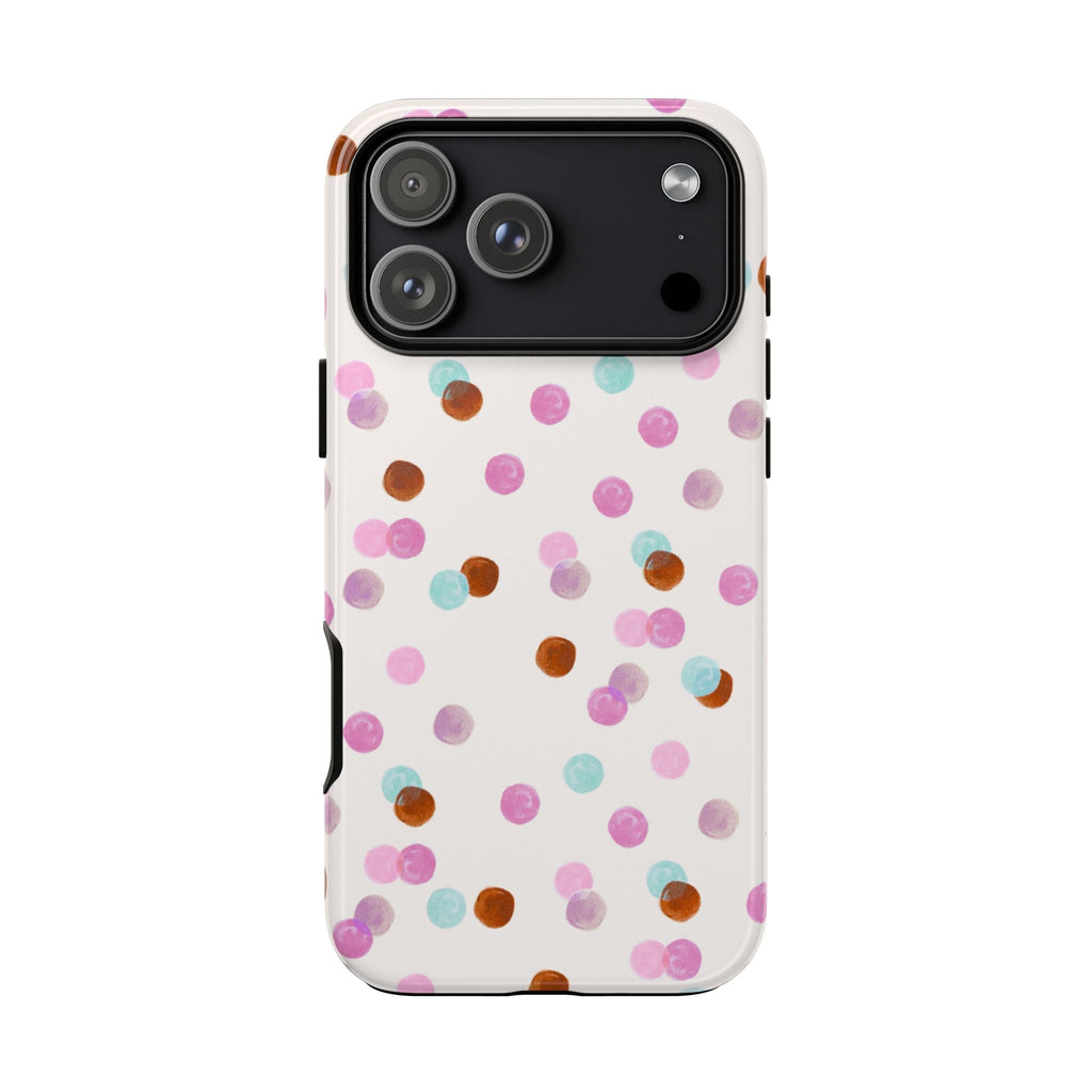 White polka-dot phone case with camera lenses, pastel pink and blue dot pattern