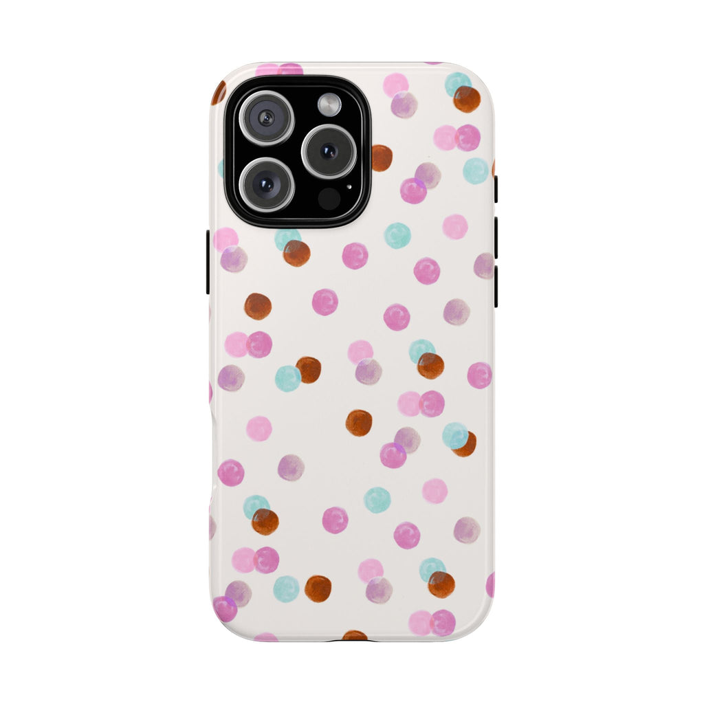 White phone case with pastel polka dots and camera cutout, glossy finish