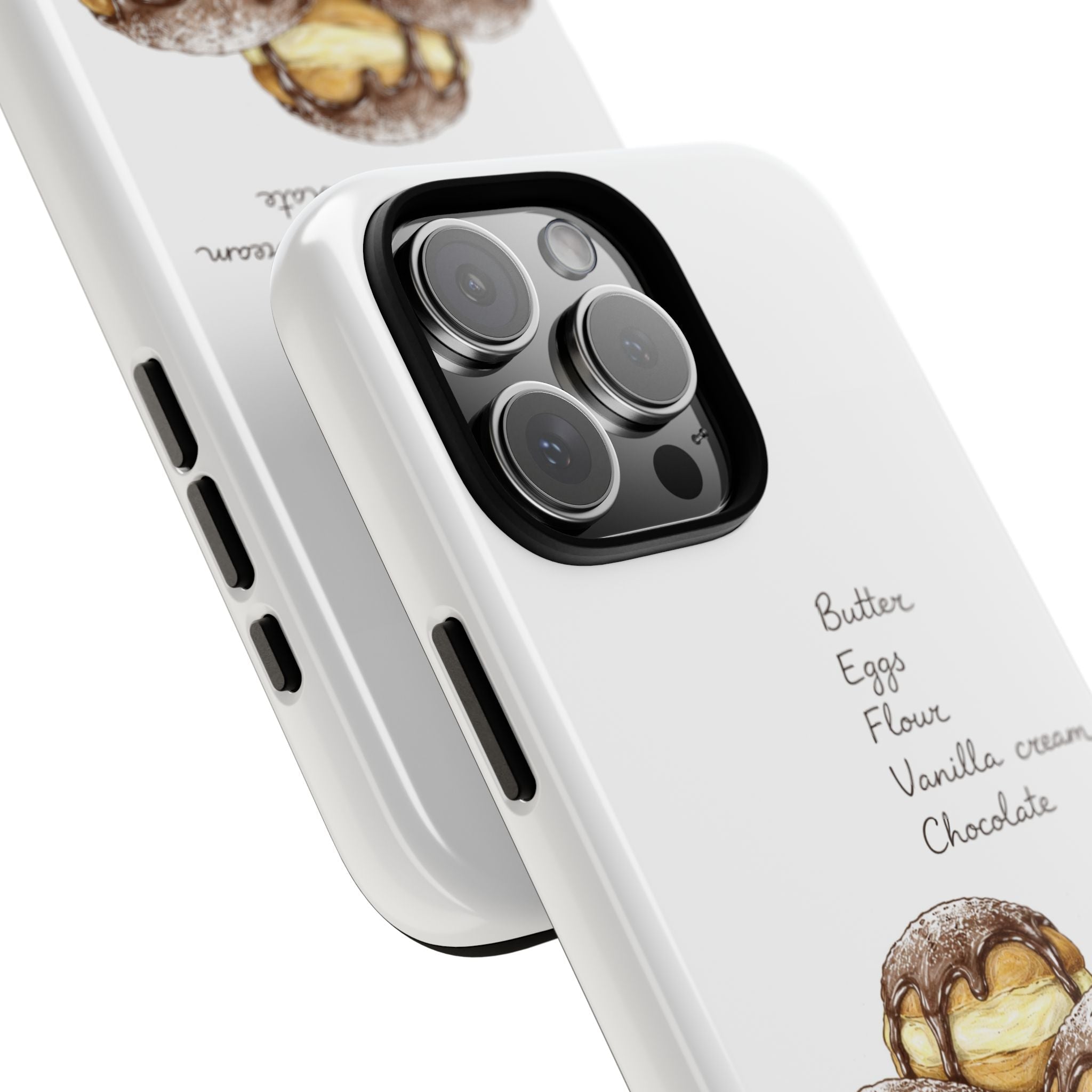 Close-up white phone case showing camera lenses, side buttons, and profiteroles illustration