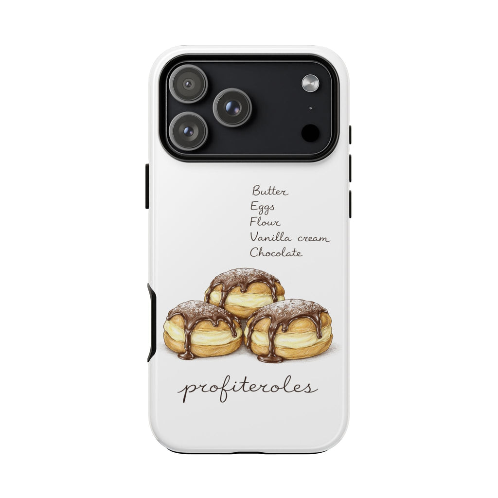 White phone case with profiteroles artwork, camera lens cutout in black panel, side ports