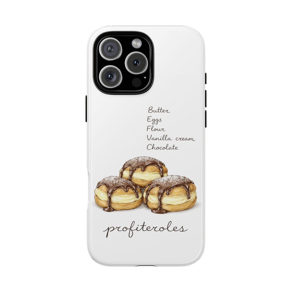 White phone case with profiteroles illustration and text, with cutouts for camera and buttons