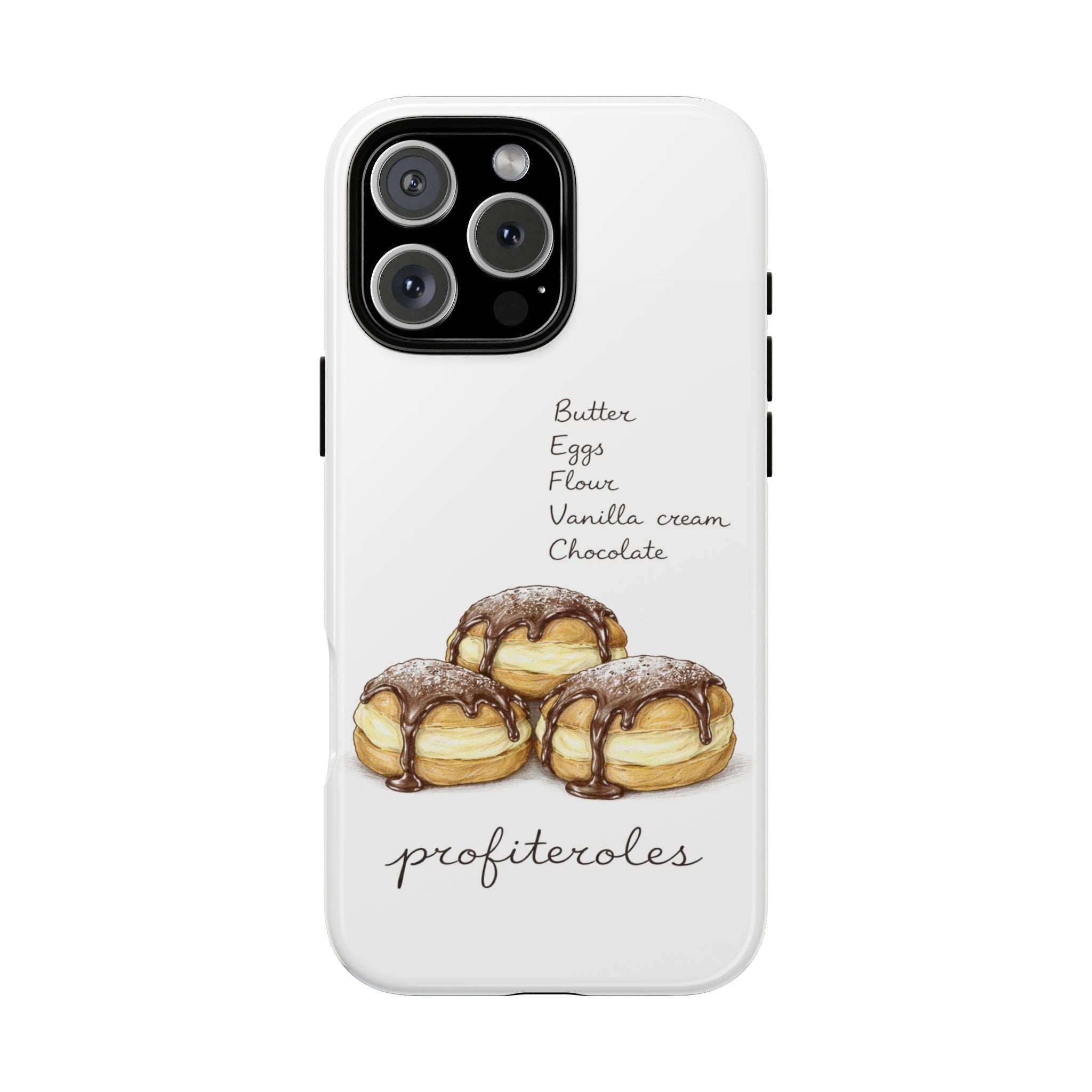 White phone case with profiteroles illustration and text, with cutouts for camera and buttons