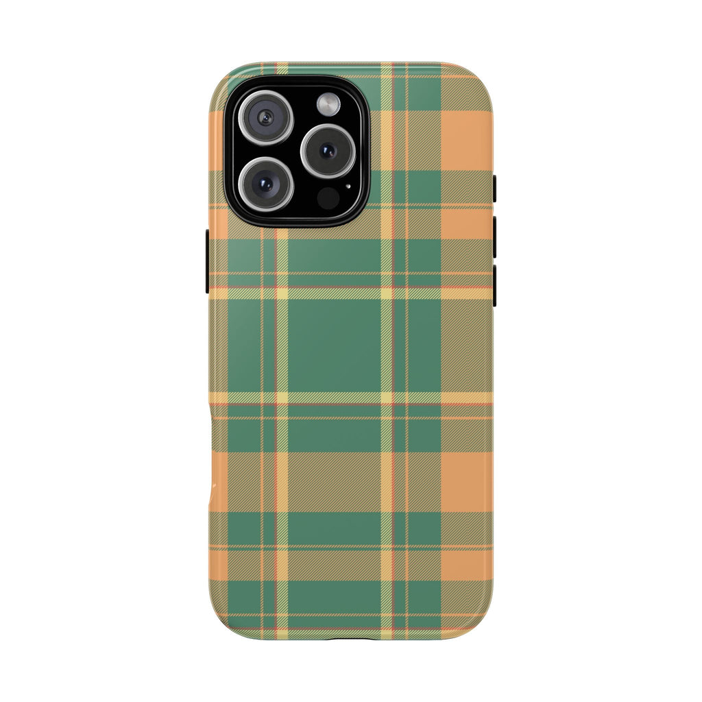 Plaid pumpkin picnic phone case in green, tan, and orange with camera cutouts