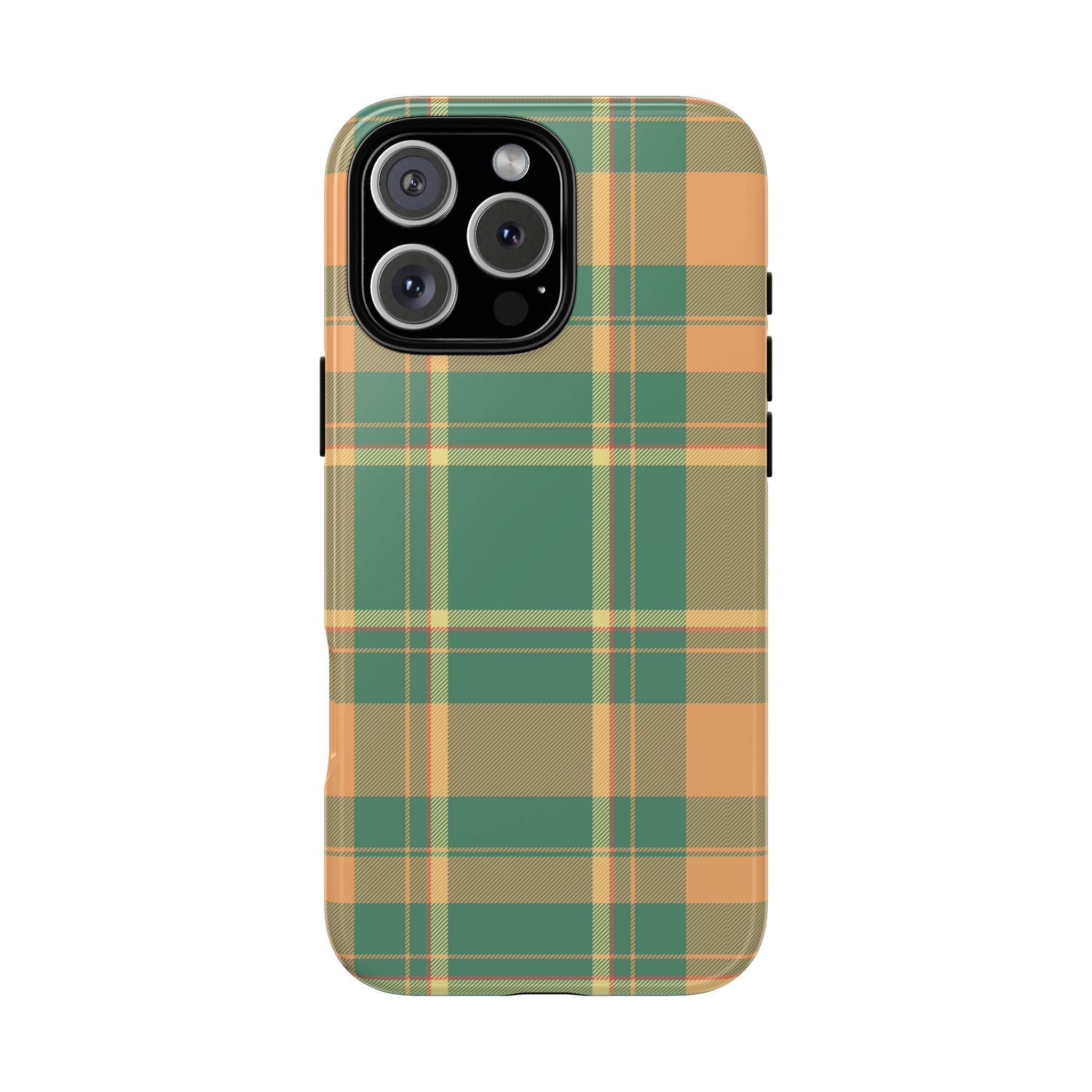 Plaid pumpkin picnic phone case in green, tan, and orange with camera cutouts