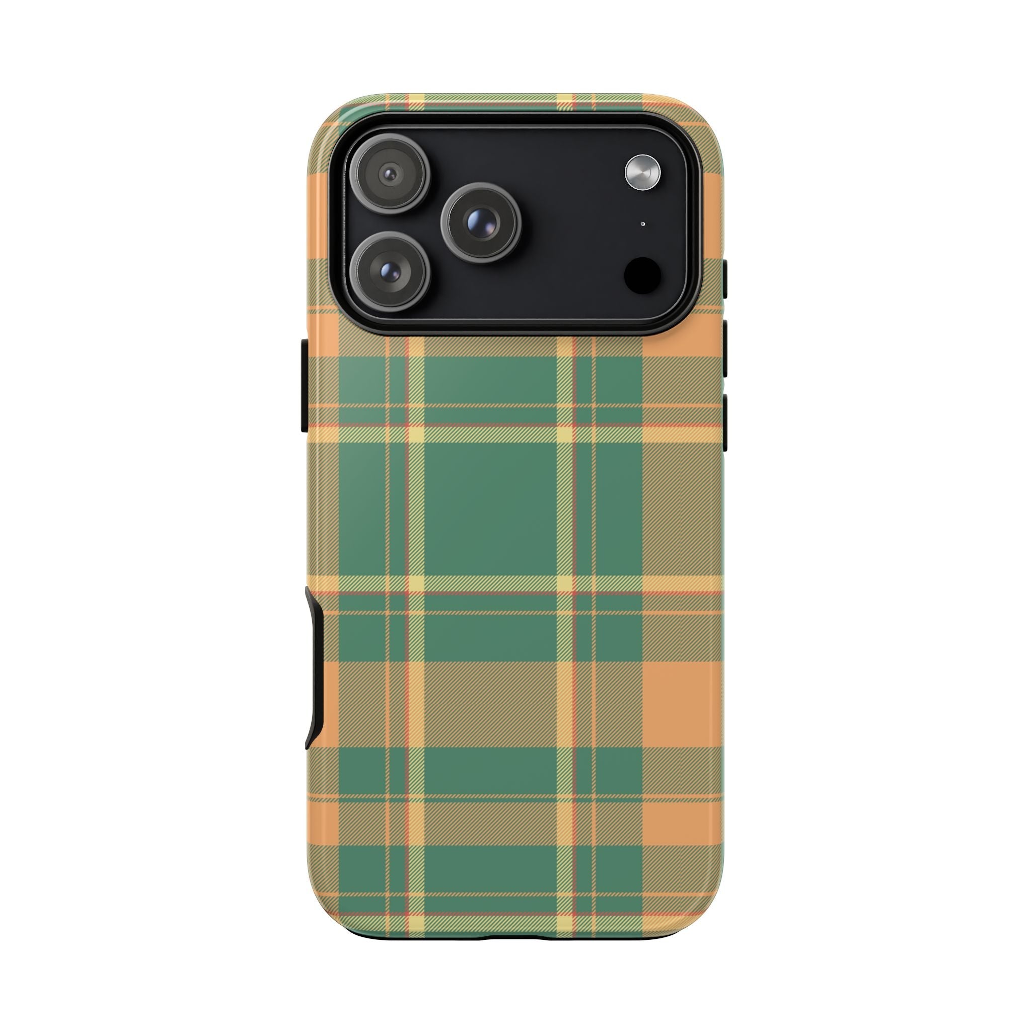 Green, tan, and orange plaid phone case with precise camera and side cutouts