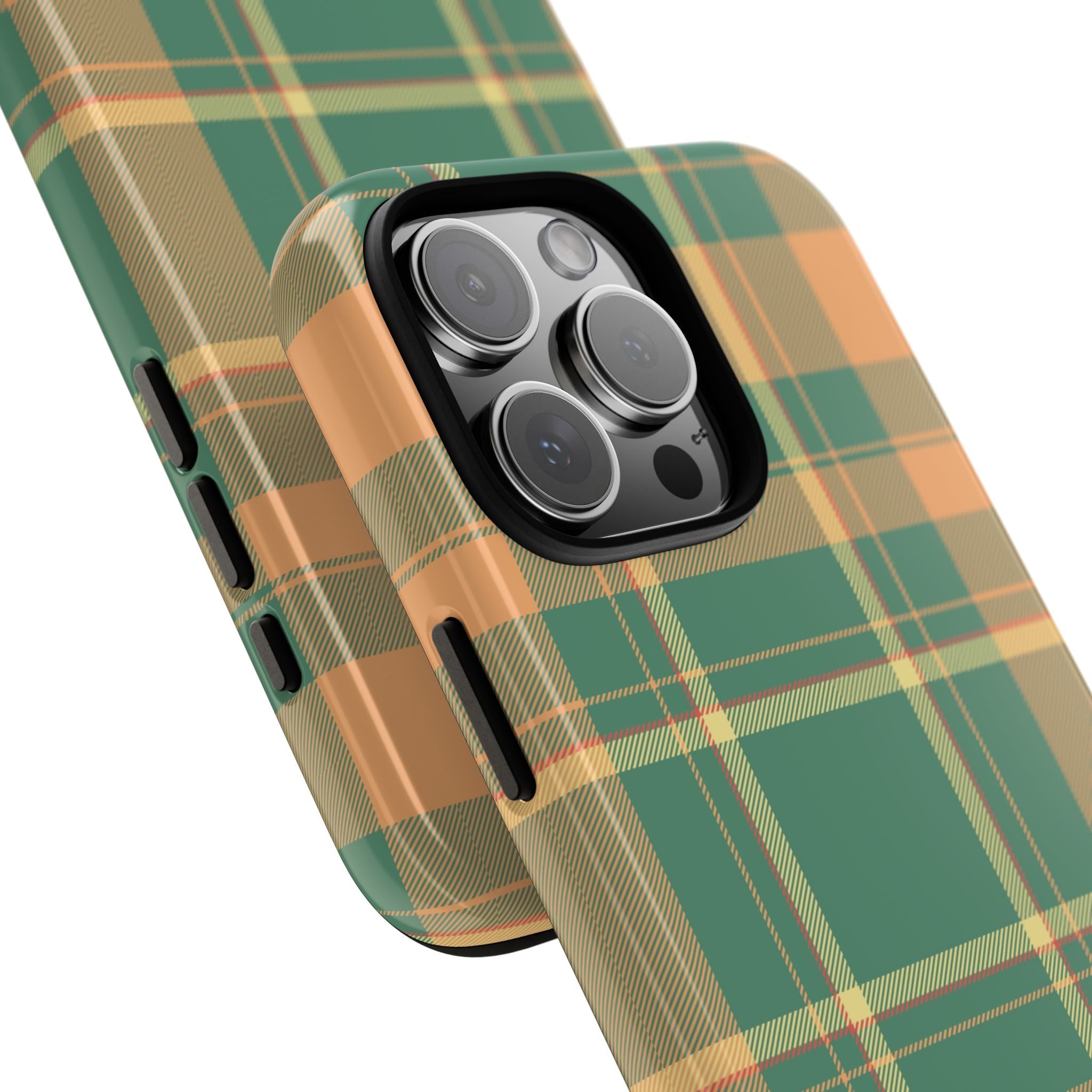 Diagonal view of green and tan plaid phone case with orange accents near camera