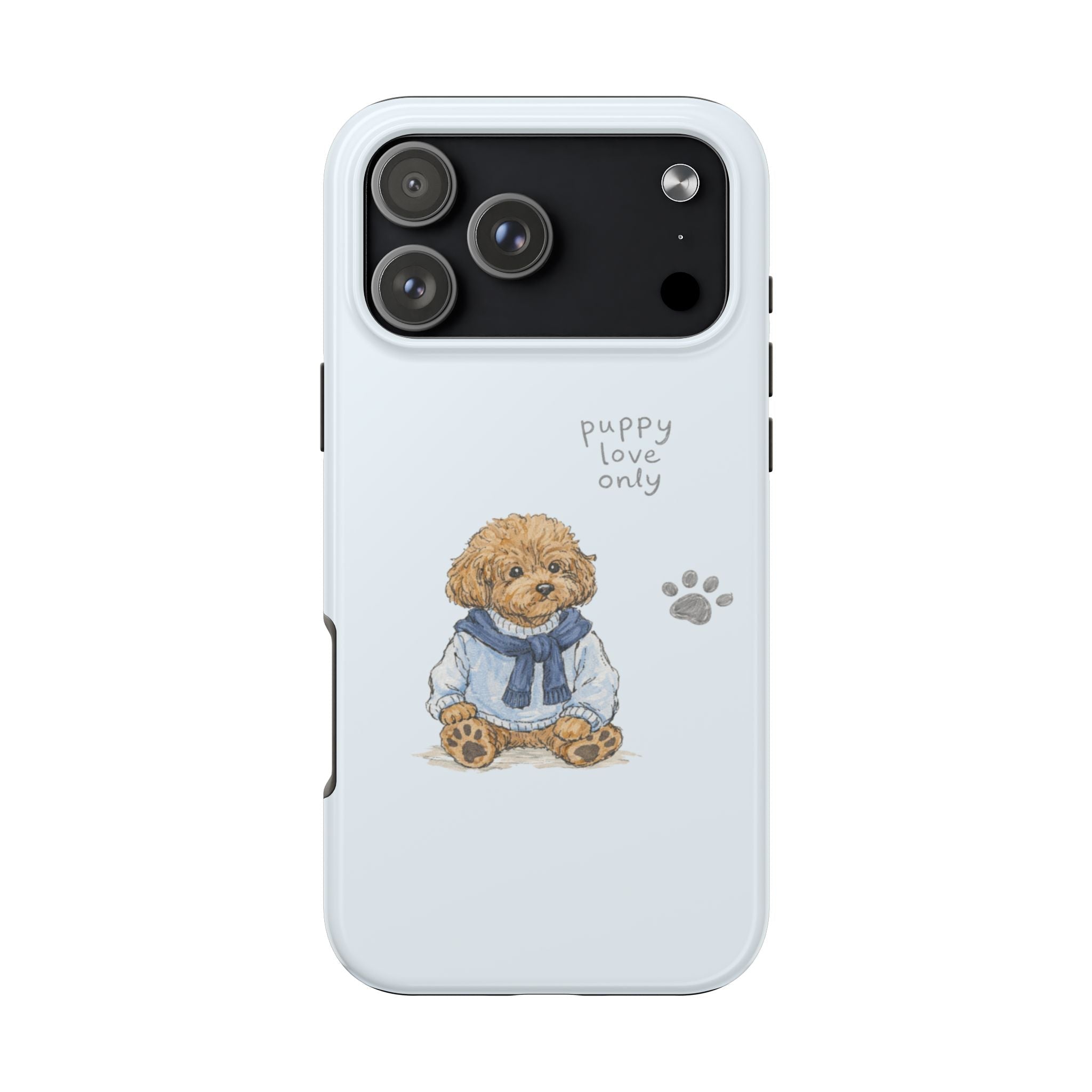 Light blue back phone case with puppy in hoodie, paw print, and raised camera area