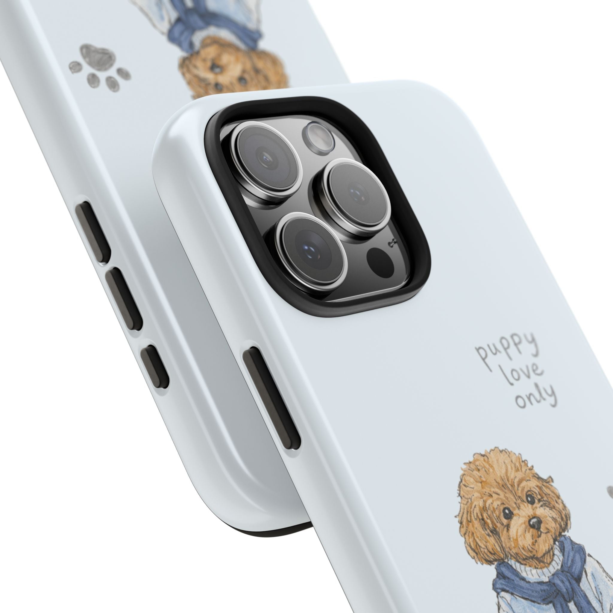 Light blue case close-up: puppy design near bottom and protective camera lens cover