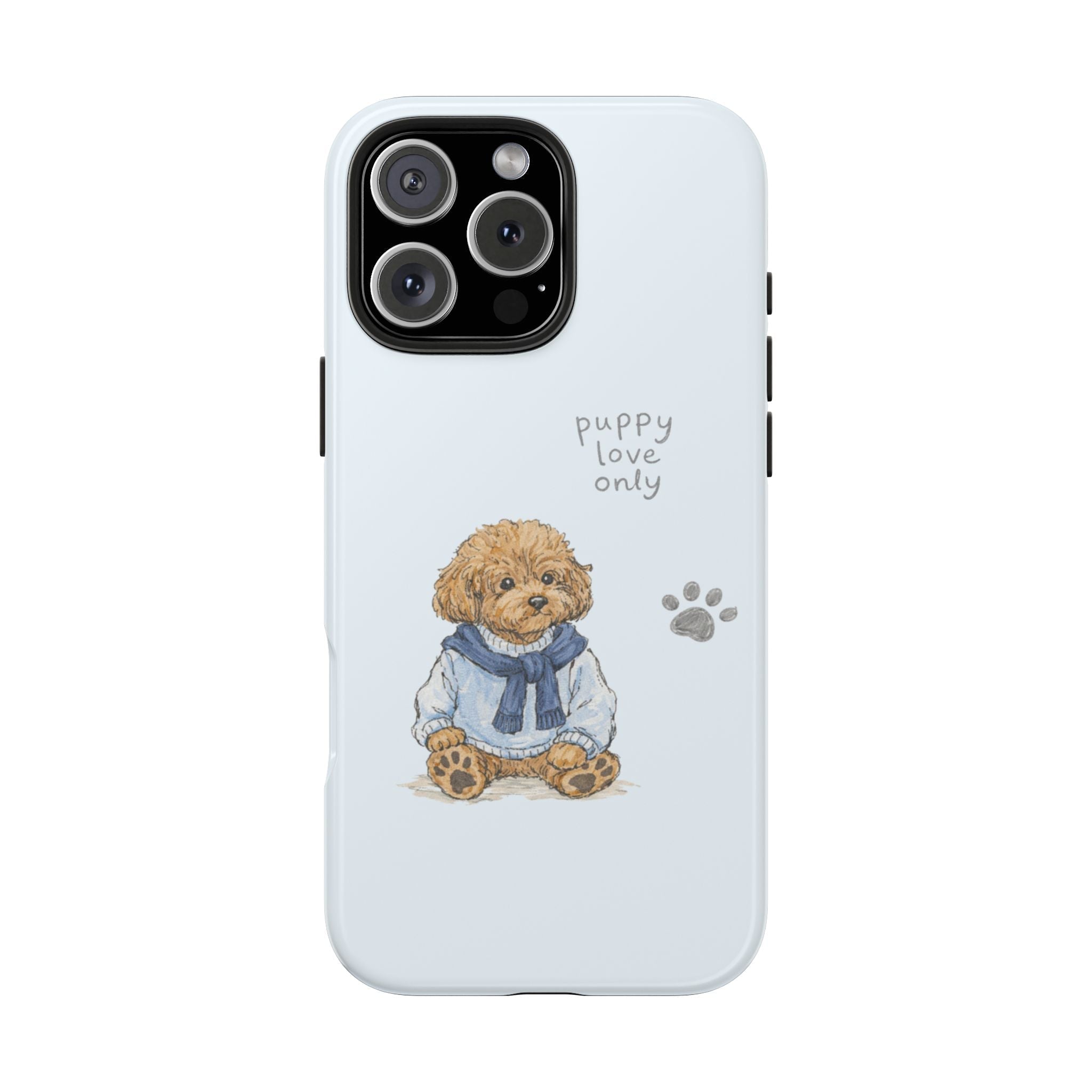 Light blue phone case with cute puppy illustration, paw print, and camera cutouts