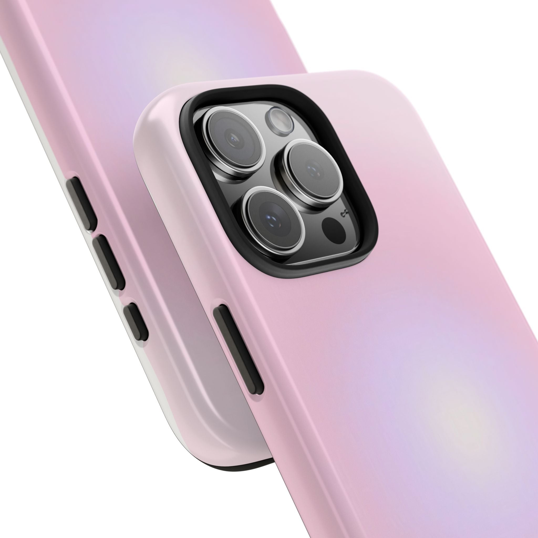 Lavender aura phone case corner view with camera bump protection and side button cutouts