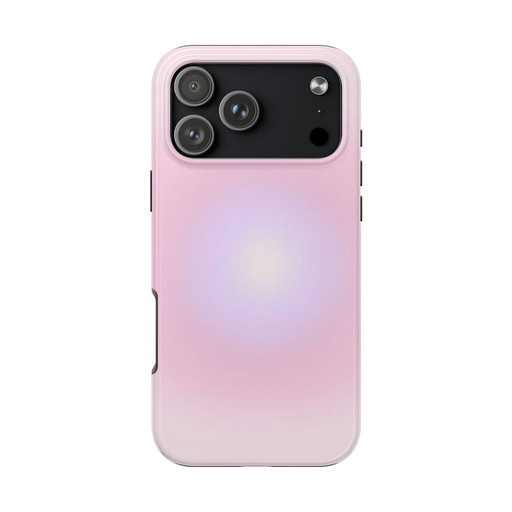 Purple-pink aura phone case with raised camera cutouts and smooth glossy finish