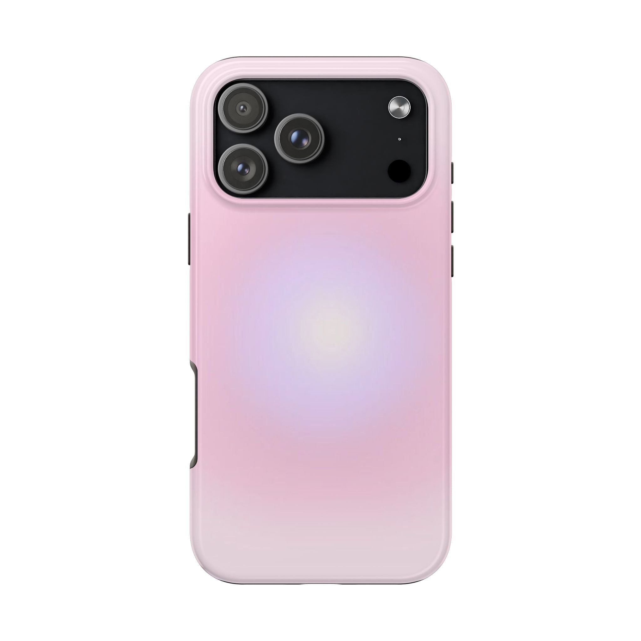 Purple-pink aura phone case with raised camera cutouts and smooth glossy finish