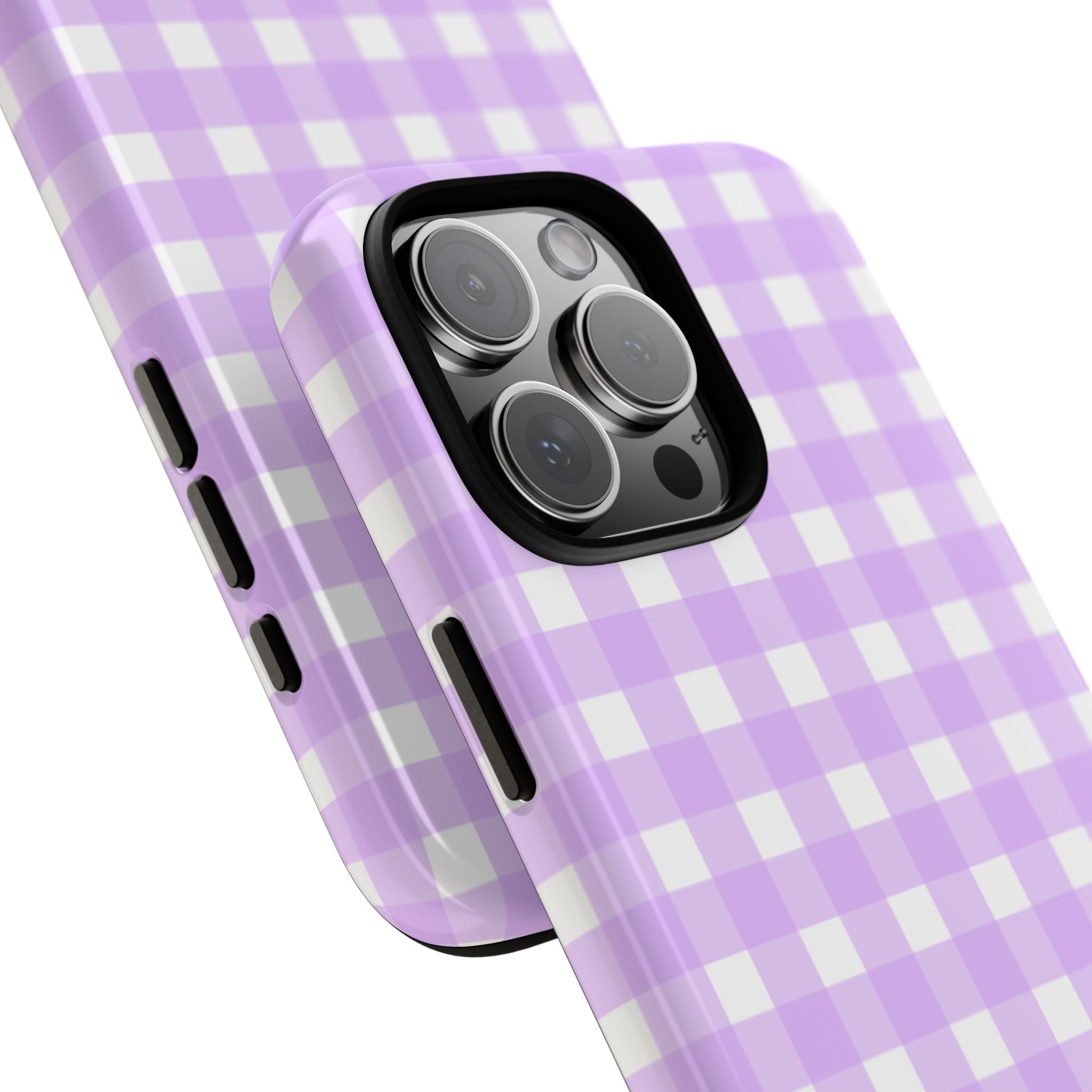 Purple gingham phone case with check pattern and protective camera bumper