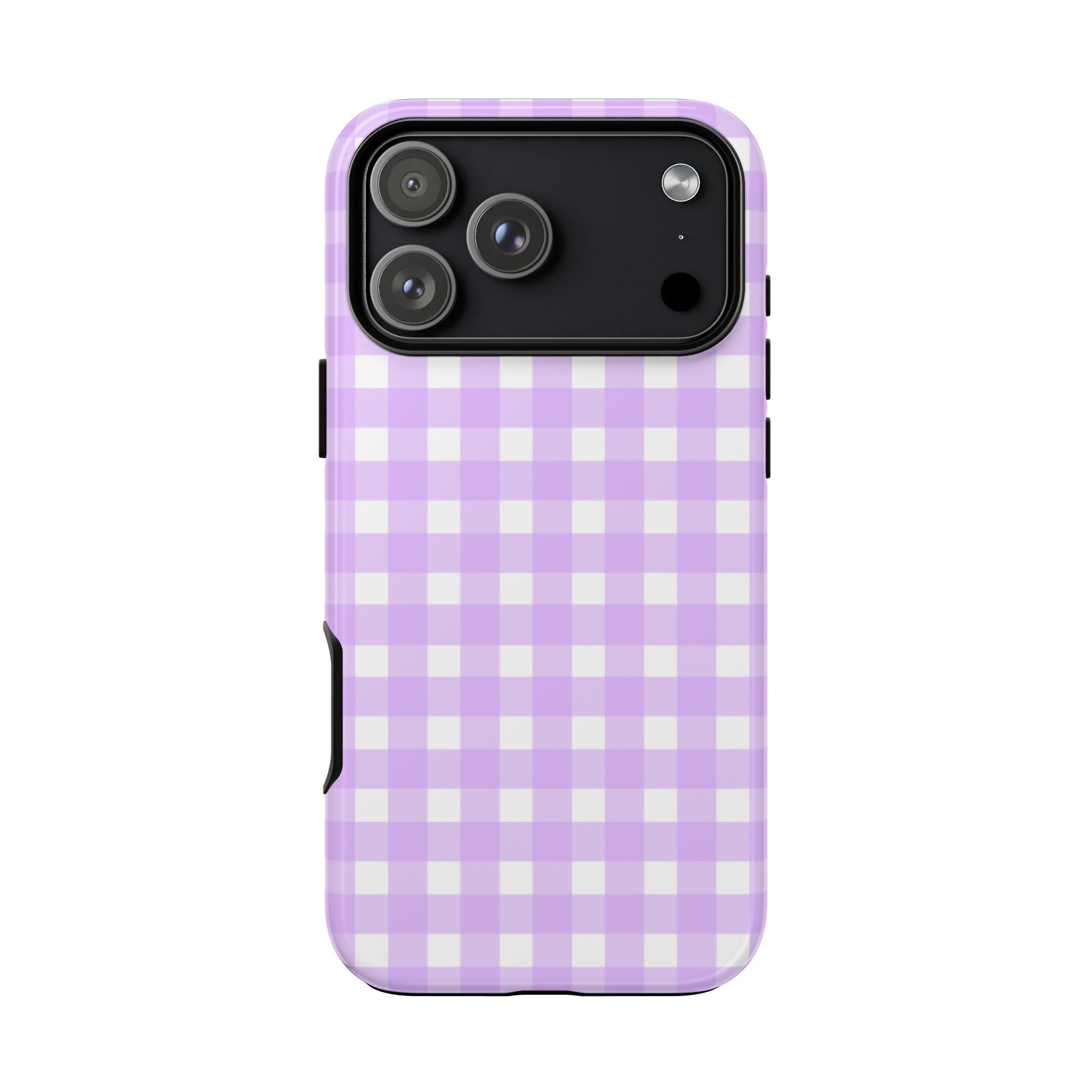 Purple gingham phone case front view with camera module cutout and side buttons
