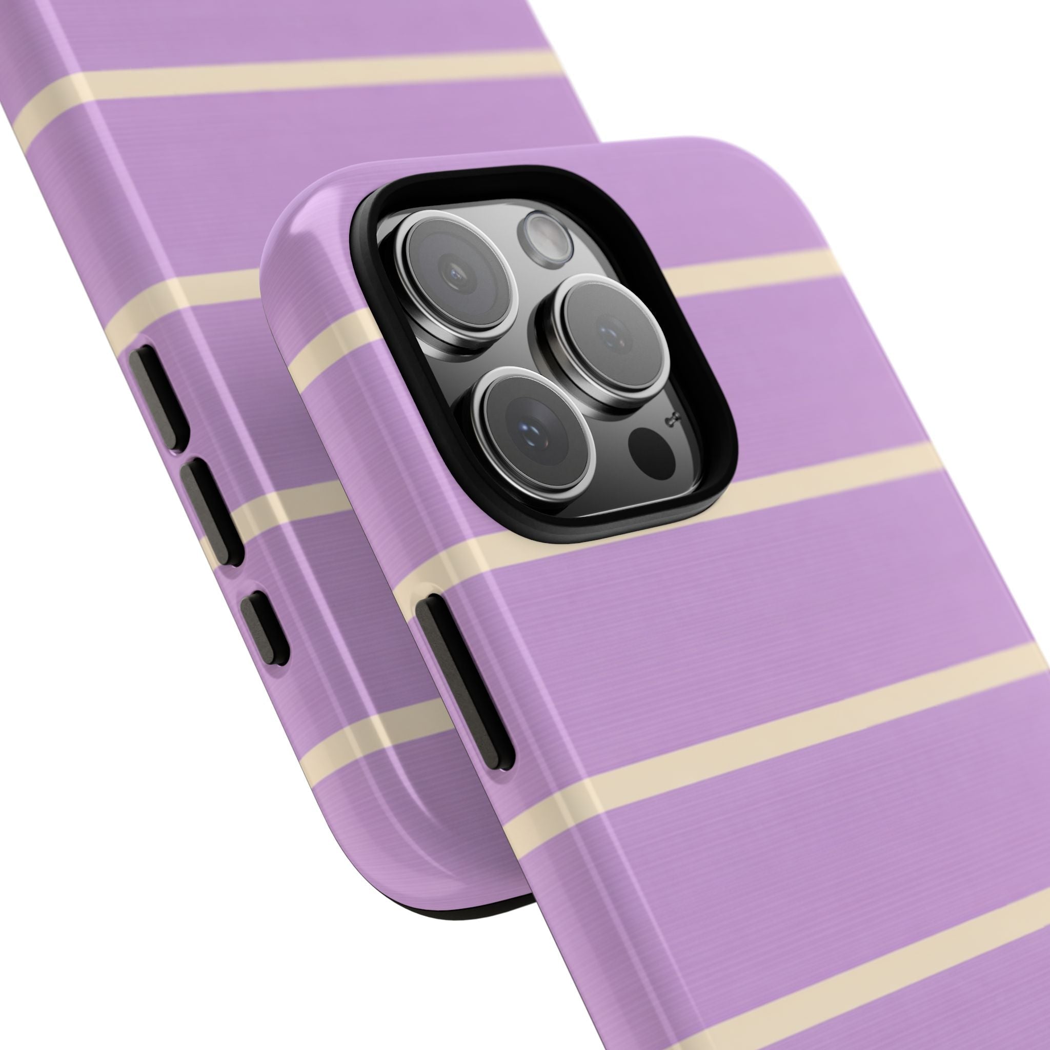 Purple striped phone case angled view, beige bands with camera lens cutout and buttons