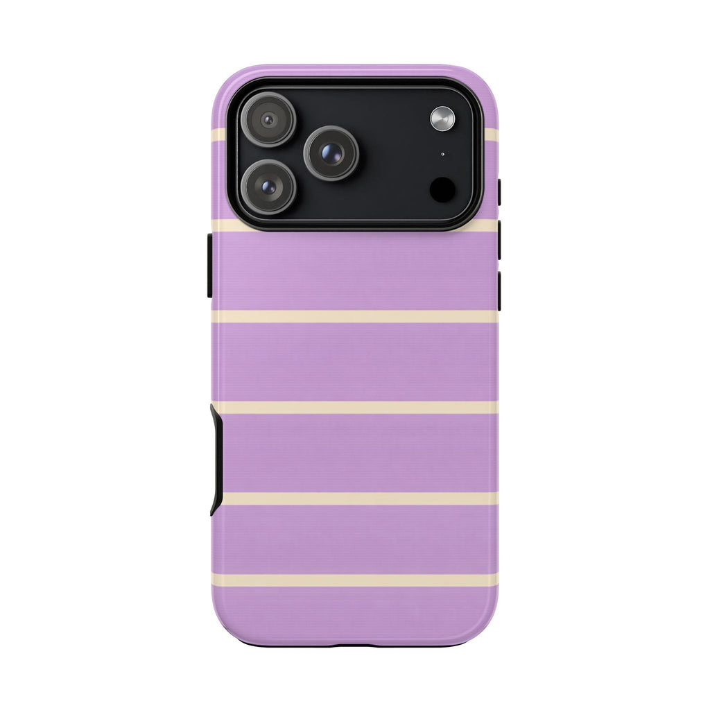 Purple phone case back with beige stripes and black camera panel, side button openings