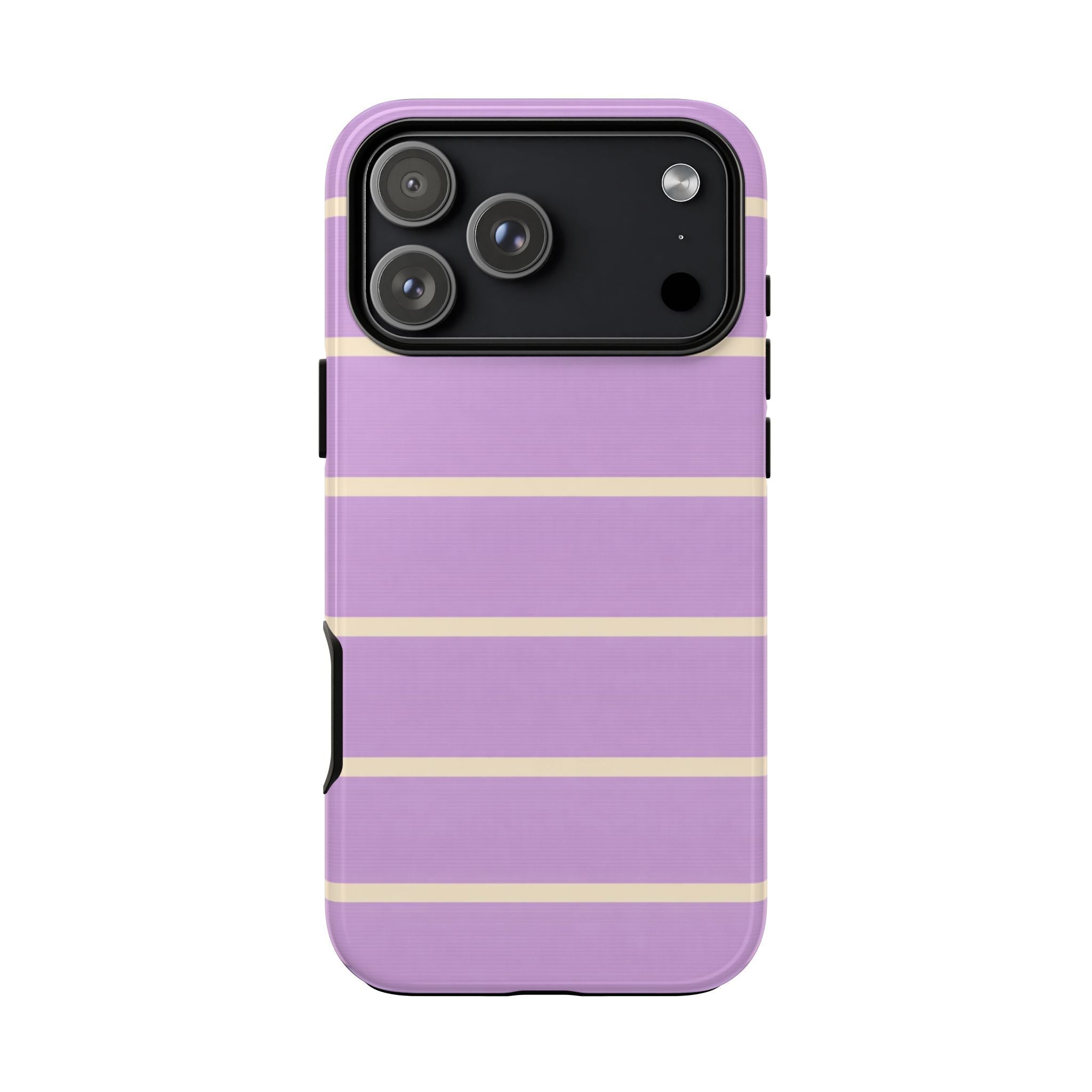 Purple phone case back with beige stripes and black camera panel, side button openings