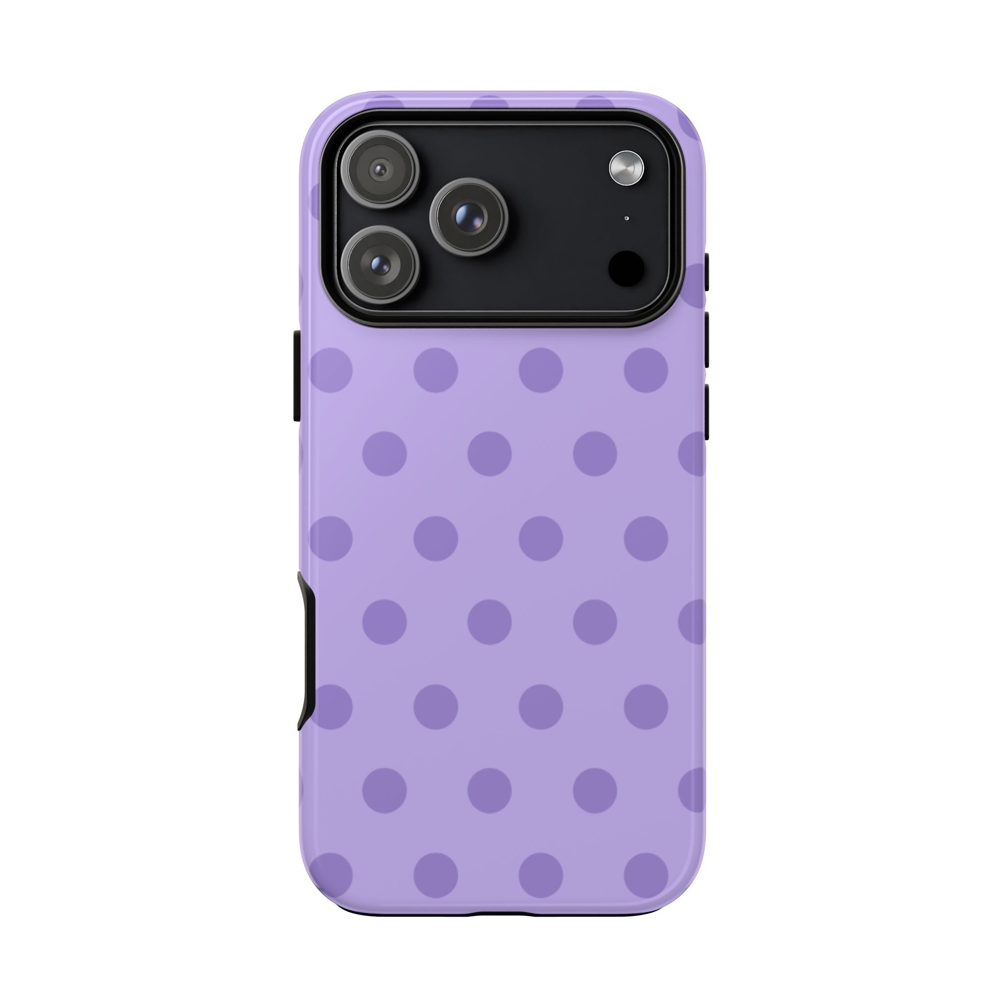 Purple polka dot phone case showing back camera module and side buttons