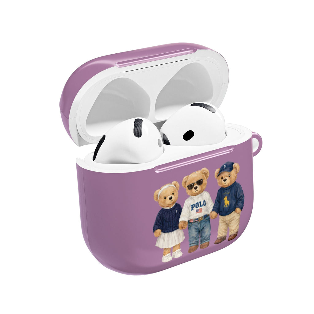 Purple AirPods case with teddy bear graphic, open lid with earbuds inside
