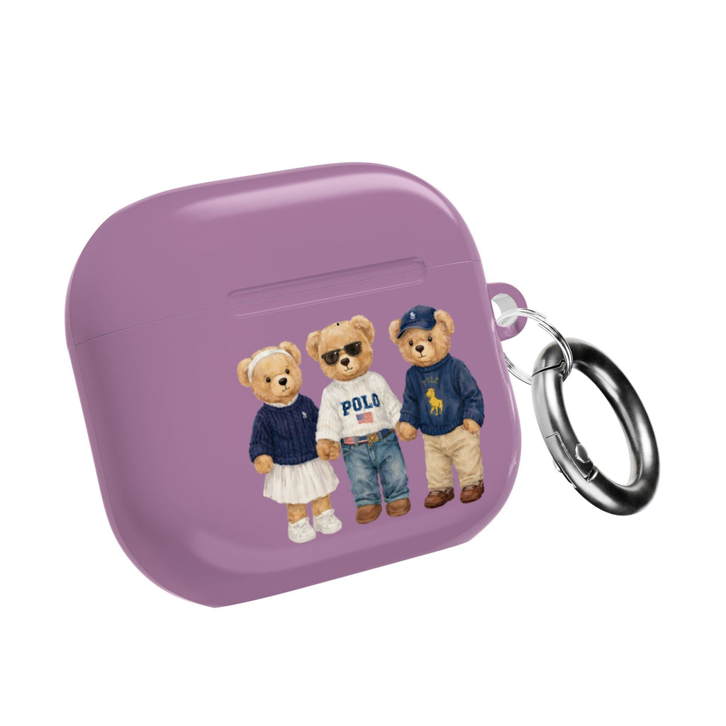 Purple AirPods case with teddy bear trio graphic, back view with keyring loop