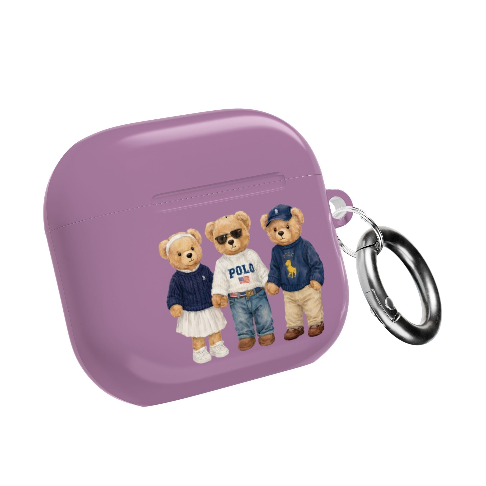Purple AirPods case with teddy bear trio graphic, back view with keyring loop