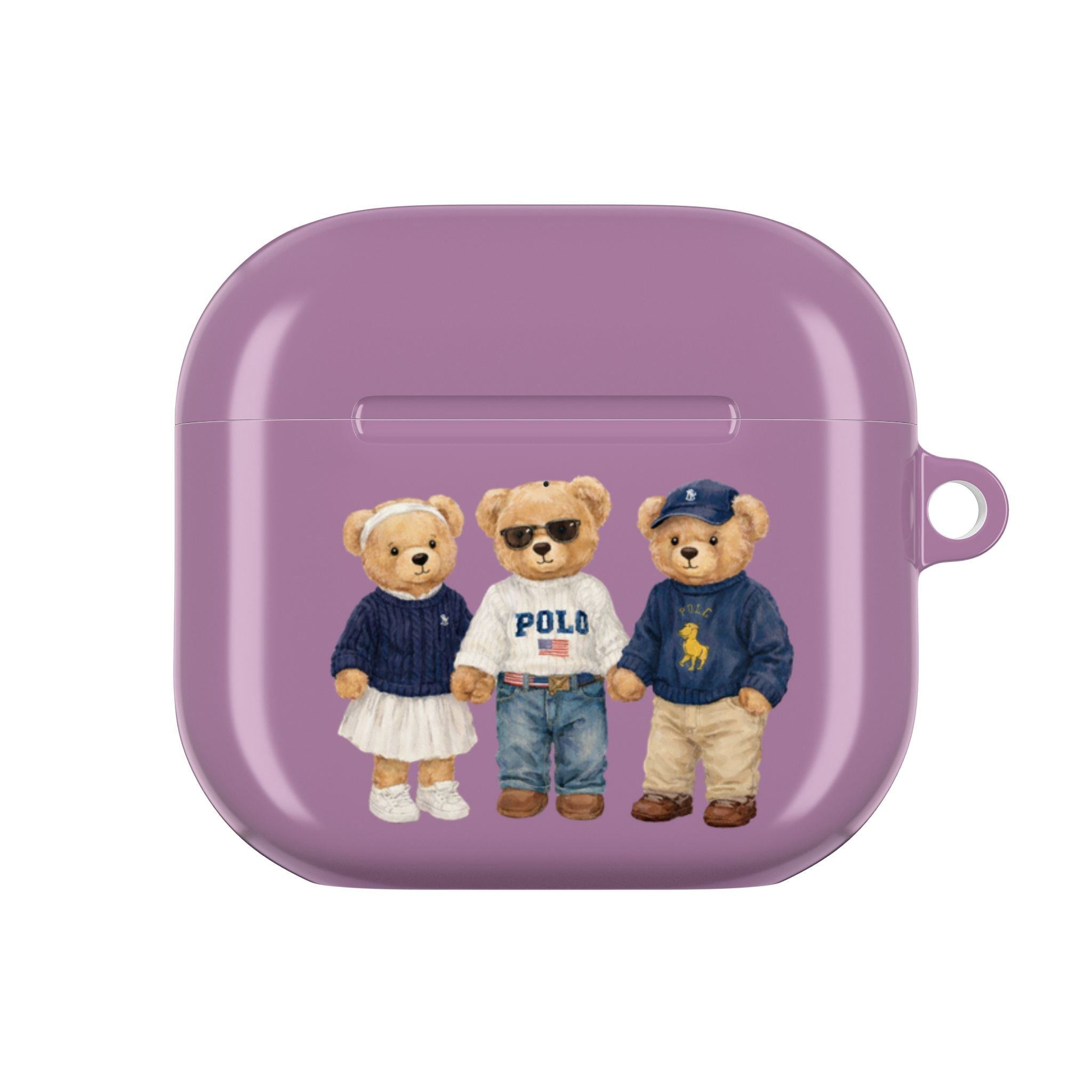 Purple AirPods case front view with teddy bear trio graphic and earbud opening